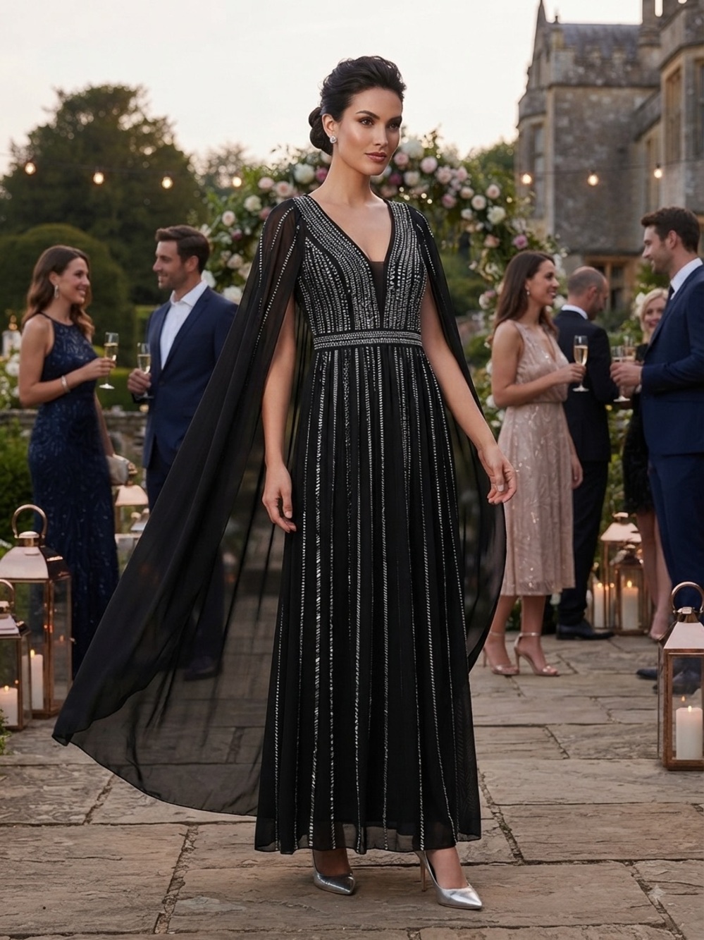 Faeriesty Black Beaded Maxi Dress with Dramatic Cape
